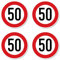 Aufkleber: ⌀ 100 mm, 4 Stück - StVO Verkehrszeichen Z-274 rot/weiß - maximale Geschwindigkeit/Höchstgeschwindigkeit - 50 km/h