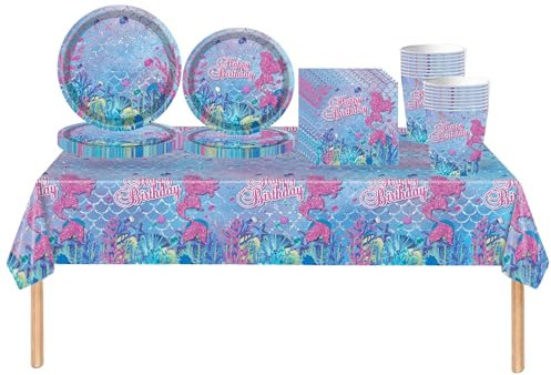 69Pcs Mermaid Party Tableware Plastic Table Cloth Cover,Paper Plates,Napkins and Cups for Girls,Little Mermaid Party Tableware Set for Girls Kids Birthday Mermaid Themed Party Decorations