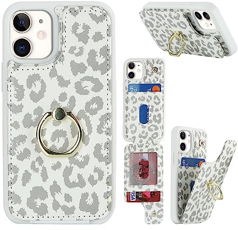 Cavor Phone Case compatible with iPhone 12 Mini Case With Card Holder,Flip Folio Leather Wallet Case,Ring Kickstand Shockproof Cover Case compatible with iPhone 12 Mini - White Leopard