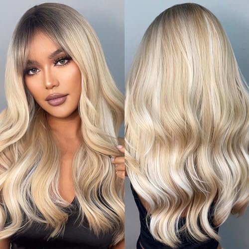 EMMOR Blonde Perücken mit Pony Blonden Highlights Synthetische Damenperücke, Lang, Gewellt, Gestuft, Hitzebeständig, für den täglichen Gebrauch, Natürlich und Bequem