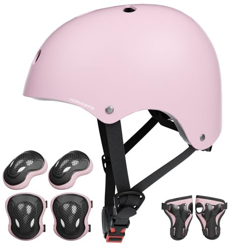 KORIMEFA Casco Infantil Equipo de Protección Patinete con Casco Adjustable Rodilleras Coderas para Bicicleta Monopatín y Deportes Extremoscon de 3 a 13 años (M, Rosa pálido)
