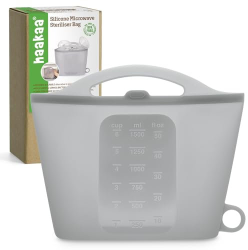 Haakaa Silicone Microwave Steam Sterilizer Bags for Travel, Reusable Silicone Steaming Bags for Baby Bottles, Breast Pump, Accessories, Pacifiers and Teethers, Great for Home and On-the-Go, Grey (1PC)