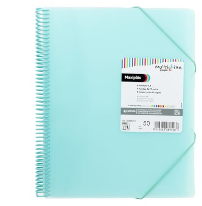 Grafoplás | Porte-documents A4 en plastique | 50 pochettes transparentes | vert menthe | polypropylène extra | spirale PVC | Maxiplás Multiline | Parfait matériel scolaire et de bureau
