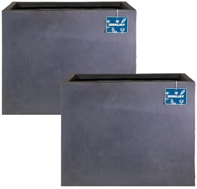 IDEALIST Set of 2 50cm Trough | Dark Grey Reinforced Stone Rectangular Planter | Garden Plant Pots with Drainage Holes L50 W20 H40 cm, 23 litres