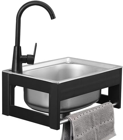 Spülbecken Edelstahl Freistehender, Kommerzielle Edelstahlspüle mit 360° Wasserhahn, Küchenspüle Waschbecken Ganzstahl Abtropffläche, für Küche, Garage, Waschküche, Outdoor