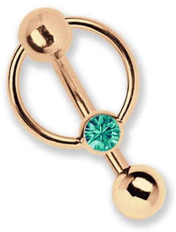 Intimpiercing oder Bauchpiercing Banane Rose Gold beschichtet in 1,6 x 8 mm mit 5 mm Lochkugel und BCR, grün-türkis