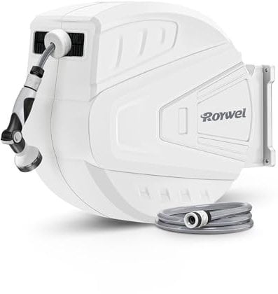 Roywel Auto Reel Garden Hose 20M，Hose Reel Wall Mounted，Auto Rewind, Self-Locking System,180° Pivotal with Multifunction Spray Nozzle