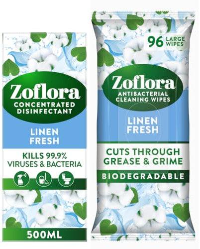 Zoflora Bundle Linen Fresh Biodegradable Wipes (1 Pack, 96 Sheets), Linen Fresh Concentrated Multipurpose Disinfectant Liquid, Antibacterial Multi-Surface Cleaner, Pet-Friendly, 1 x 500ml