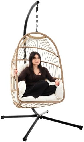 di volio Hängesessel mit Gestell Beluno, Hängestuhl für Indoor & Outdoor, inkl. Kissen, bis 150 kg belastbar, ideal für Garten, klappbar (Beige)