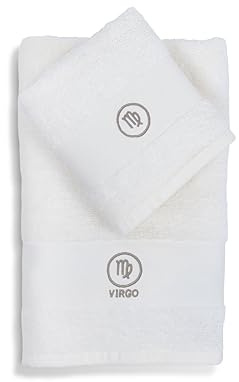 Zodiac, Set Asciugamani Bagno Segni Zodiacali, Set di 2, Asciugamano Viso, Asciugamano Ospite-Bidet, 100% Cotone, Tinta Unita Con Ricamo, Vergine