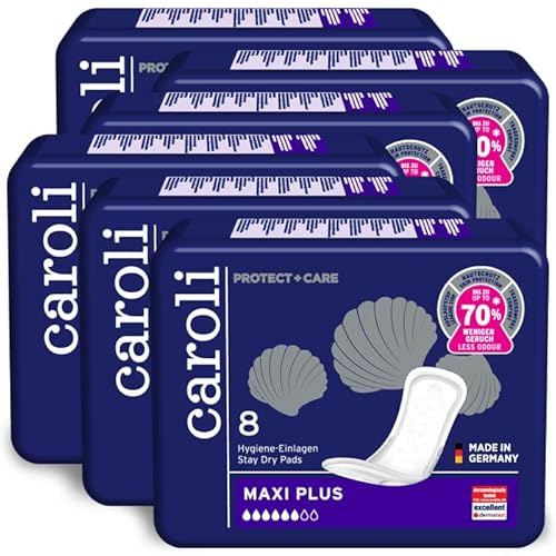 Caroli Maxi Plus Damen Hygiene Einlagen für mittlere Blasenschwäche, diskreter Schutz bei Inkontinenz Vorteilspack 6 x 8 Stück (Nachfolger)