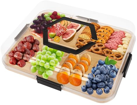 Yallmie 6 Fächer Käseplatte, 35.7×28.1×2.3CM Käsebrett Holz mit Deckel und Griff, Servierplatte mit Fächern Charcuterie Board, Cheese Board Serviertablett für Wein, Cracker, Brie und Fleisch