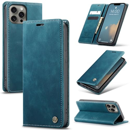 Azororo Handyhülle für iPhone 15 Pro 5G Hülle Premium Lederhülle Flip Case Magnet Tascher Kartenfach Standfunktion Klapphülle Schutzhülle für iPhone 15 Pro, Blaugrün