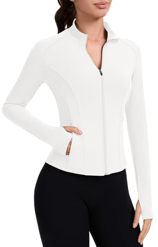 IECCP Gym Tops for Women UK Running Sport Jackets Long Sleeve Workout Fitness Hiking Yoga Lightweight Shirts with Thumbholes AMD Zip Side Pocket White XL