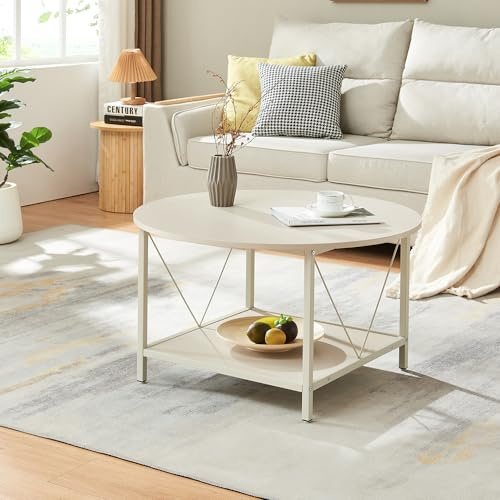 [en.casa] Tavolino da Salotto con Piano Rotondo e Ripiano Quadrato Tavolo Basso Centrale da Caffè per Soggiorno ØxA: 80 x 46 cm - Color Sabbia