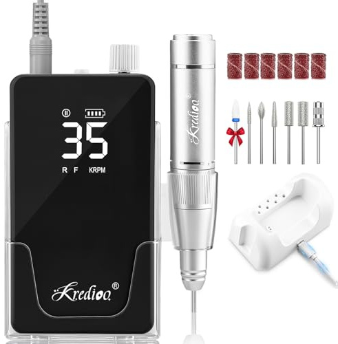 Kredioo Clip-On Nail Drill 35,000RPM with 2-in-1 Charging Base Stand | Professional Acrylic Gel Nails Removal Electric Nail File,Home Salon Portable E File Kit, 7 Drill Bits for Beginners Friendly