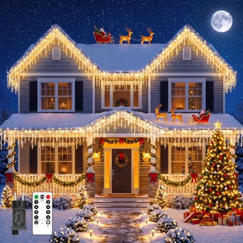 PEMOTech Eisregen Lichterkette Außen, 15 m 632 LEDs Warmweiß, Eiszapfen Lichterkette Außen, 8 Modi, Timer und Fernbedienung, wasserdicht, Weihnachtsbeleuchtung Außen für Fenster, Balkon und Dachrinne