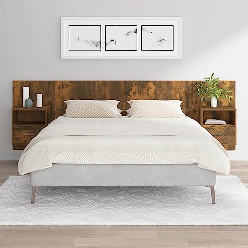 Mandloder Bettkopfteil mit integrierten Nachttischen, robustem Holzwerkstoff, Räuchereiche-Optik, wandmontierbar für Schlafzimmer, inklusive Stauraum, 160x80 cm Set