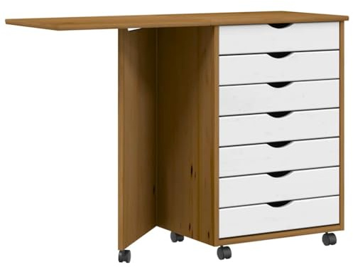 Runheo Moss Rollschrank mit Schreibtisch, Honigbraun, Massivholz Kiefer, klappbar, 105,5x39x74,5cm, vielseitiger Stauraum für Büro & Zuhause, flexibel rollbar