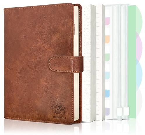 BIROYAL Notizbuch Ringbuch A5 Nachfüllbar, 6 Loch A5 Binder, Braun | PU Ringordner A5 mit 135 Blatt Nachfüllpapier, mehrere Fächer, Flexibel anordnen - Bullet Journal Budget Planner Kalender