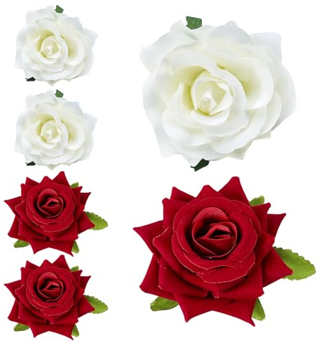 Rose Flower Hair Clips for Women Barrettes Styling, White and Red, 6 Pcs | Smooth Satin Fabric, Adorns Ponytail Hairstyles Beautifully, Suitable for Young Girls and Ponytail Accessories