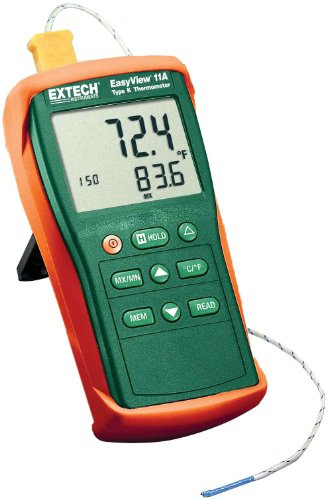 Extech EA11A EasyView Dual Input Type K Thermometer, -200 to 1999F | Two Type K thermocouples, MAX/MIN/hold, backlit LCD, -200 to 1360C, HVAC/food/lab, holster