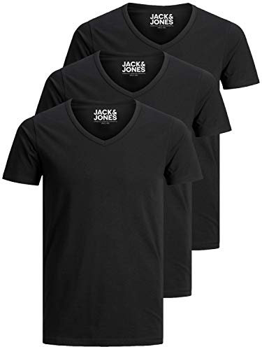 JACK & JONES - Camiseta básica para hombre, cuello de pico, paquete de 3 unidades, color liso, corte ajustado, en blanco, negro, azul y gris, Negro , XXL