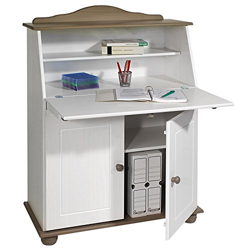 IDIMEX Bureau secrétaire David avec abattant Rangement Plusieurs étagères 2 Portes et Plan de Travail Rabattable, en pin Massif lasuré Taupe et Blanc