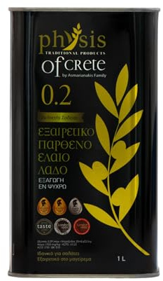 Physis of Crete 0.2 Olivenöl Extra Vergine aus Kreta, Griechisches Olivenöl, Koroneiki, Kaltgepresst, Erste Pressung, Niedrige Säure 0,2%, Handgepflückt, 1 L