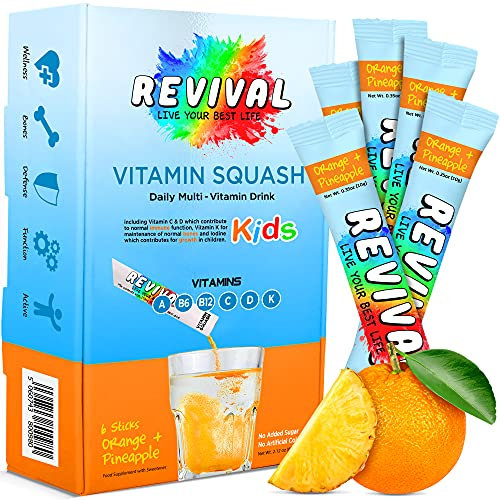 Revival Multivitamin Getränk für Kinder – Vitamin A, C, D, K, B6, B12 – Immunität, Wachstum, Entwicklung - Orange und Ananas 6er Pack