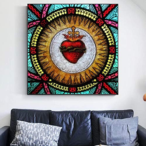 N/A Stampa su tela decorativa a forma di cuore sacro in vetro colorato da parete su tela decorativa da parete e stampa artistica da parete per soggiorno, decorazione domestica, 40 x 40 cm