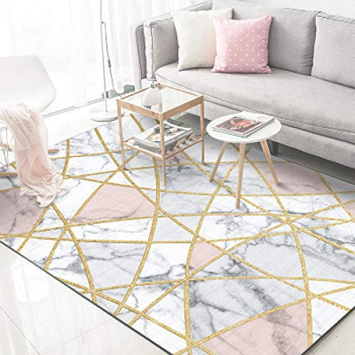 Rururug Tapis Salon Moderne Poils Ras Confortable Tapis Lignes dorées en marbre Blanc Rose Déco Rectangle Antidérapant Lavable 140×200CM (4ft7 x 6ft6)