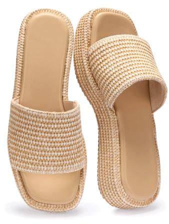 Monrovia Platform Sandals Women Raffia Espadrille Slides, Woven Straw Flatform Beach Sandals Women, Slip On Summer Vacation Shoes, Comfortable Casual Daily Wear tan Nude Apricot Khaki 7