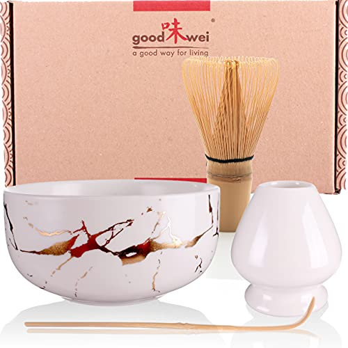 Goodwei Juego de matcha completo con espiga, cuchara de matcha y cuenco para matcha de cerámica a juego, moderno cuenco de té Chawan con mármol dorado (blanco, escoba de 120 unidades)