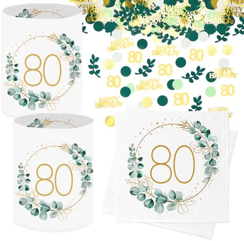 Sprinlot 20 Stück 80. Geburtstag Deko Servietten + 12 Stück Windlicht Tischdeko 80 Geburtstag + Eukalyptus Konfetti Tischdeko Grün Deko 80 Geburtstag Frau, Geschenke zum 80 Geburtstag Frau Mann