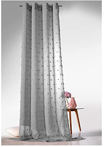 heimtexland ® Boho Vorhang Leinen Optik Transparent Deko Pompoms Ösenschal Gardine Typ764 (Grau, HxB 245 x 135 cm)