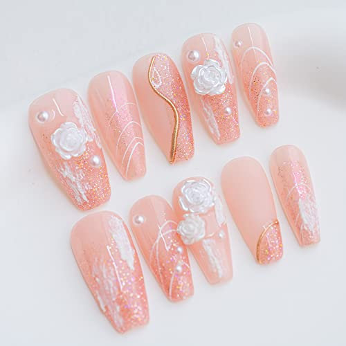 Sun&Beam Nails Handmade Press On Nail Long Coffin Ballerina Pink Flower Acrylic Fake Tip 3D Design Art Charms Cute with Storage Box 10 Pcs (XS)