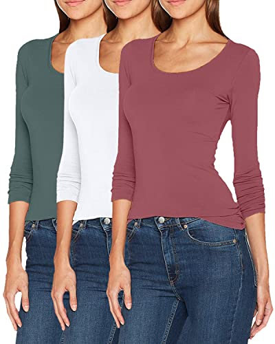 ONLY Damen Langarmshirt Figurbetont und Tailliert aus Baumwolle, Rundhalsausschnitt (3er Love Mix 3 - S) (Green, White, Rose)