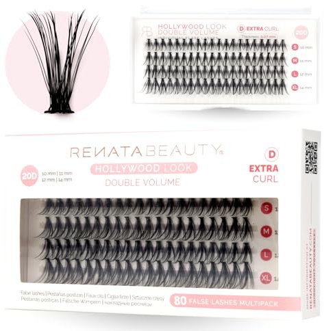 Renata Beauty 20D DOUBLE Volume [D Curl] Extension Ciglia Finte – Confezione da 80 Ciglia Finte Ciuffetti 10-14mm – Kit Ciglia Finte Naturali Fai Da Te – Banda Trasparente, Tecnologia a Incrocio