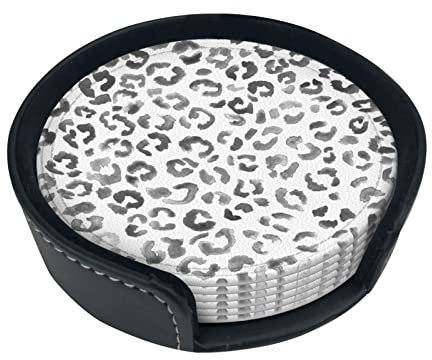 Round Coasters, Leopard Print Pattern Black Watercolor Hand Paint,Mugs Pad Cups Mat Set of 6 Leather Drinks Coasters with Holder