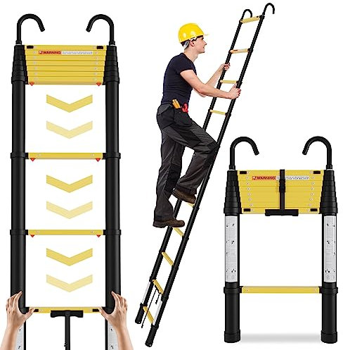Ikodm Scala telescopica in alluminio, 2,6 m, con gancio rimovibile, scala allungabile, portata 150 kg, con funzione di ritiro con un pulsante, apertura lenta, colore nero e giallo