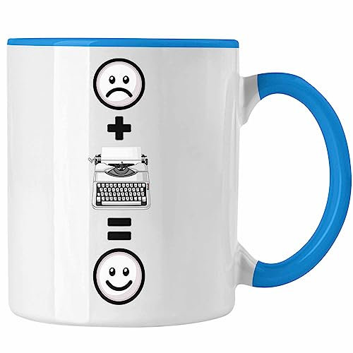 Trendation - Schreibmaschine Tasse Geschenkidee für Schreibmaschinen retro Nostalgiker Geburtstag Lustiges Geschenk :(+ Schreibmaschine = :) (Blau)