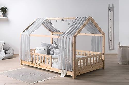 TiCAA Kinderbett Hausbett mit Tüll Kim inkl. Rolllattenrost