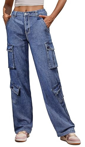 Fuakesor Cargohose Damen Baggy Y2K High Waist Stretch Wanderhose Sport Jogginghose mit Multi Taschen(Denim Blau,S)
