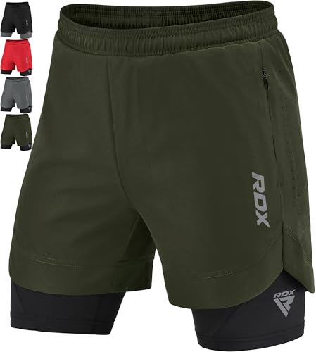 RDX Laufhose Herren kurz, 2 in 1 Running Kompressions Shorts, Trainingsshorts mit 2 Zipper und 2 Telefon Tasches, Laufshorts Am Besten für Sports Fitness Workout Joggen Schwimmen Gym Radfahren Yoga