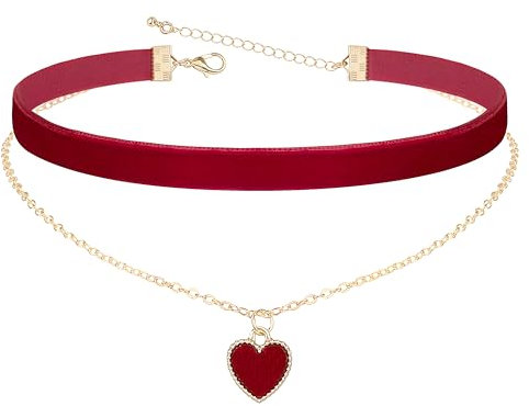 Heveer Collier de Velours Collier Double avec Pendentif en Forme de Cœur Choker Gothique Réglable Bijoux pour Femme Fille Rouge