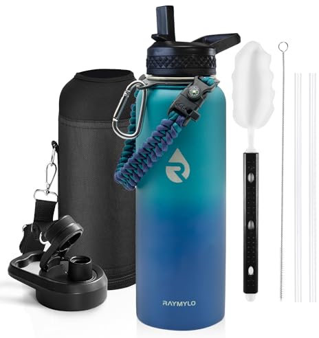 RAYMYLO Insulated Water Bottle 40 oz, Triple Wall Vacuum Stainless Steel (Cold for 48 Hrs), Leak Proof & Non-BPA, Modern Water Flask Jug with Paracord Handle & Straw Spout Lids, Cyan Blue
