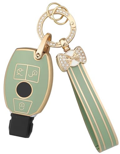 BLINGOOSE Schlüsselhülle Cover für Mercedes Benz AMG C 300 GLE GLA GLC GLS GLK CLS CLA G E S ML 3 Tasten Auto Schlüsselgehäuse Schutzhülle Cover Glitzer Schlüsselanhänger Girly Frauen Grün Gold TPU