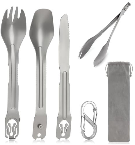 LAHAQIQI 5-in-1 Camping Utensils Detachable Cutlery Portable Silverware Stainless Steel Flatware Multitool Set Tongs Spork Spoon Knife for Backpacking Hiking Picnics with Carrying Bag & Carabiner