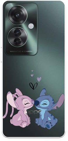 Funda Compatible con OPPO Reno 11 F 5G Oficial de Disney Angel & Stitch Beso para Proteger tu móvil. Carcasa de Silicona Transparente Flexible con Licencia Oficial de Lilo & Stitch